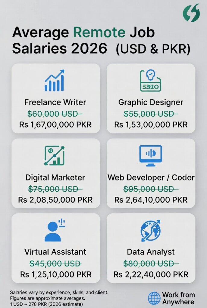work from home jobs 2026 chart showing skills and income comparison table